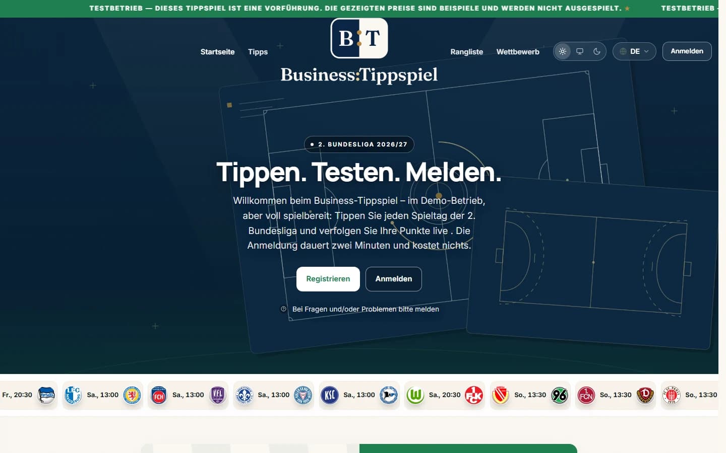 Startseite der Vorführ-Instanz demo01 mit dem Kopfbereich „Tippen. Testen. Melden."